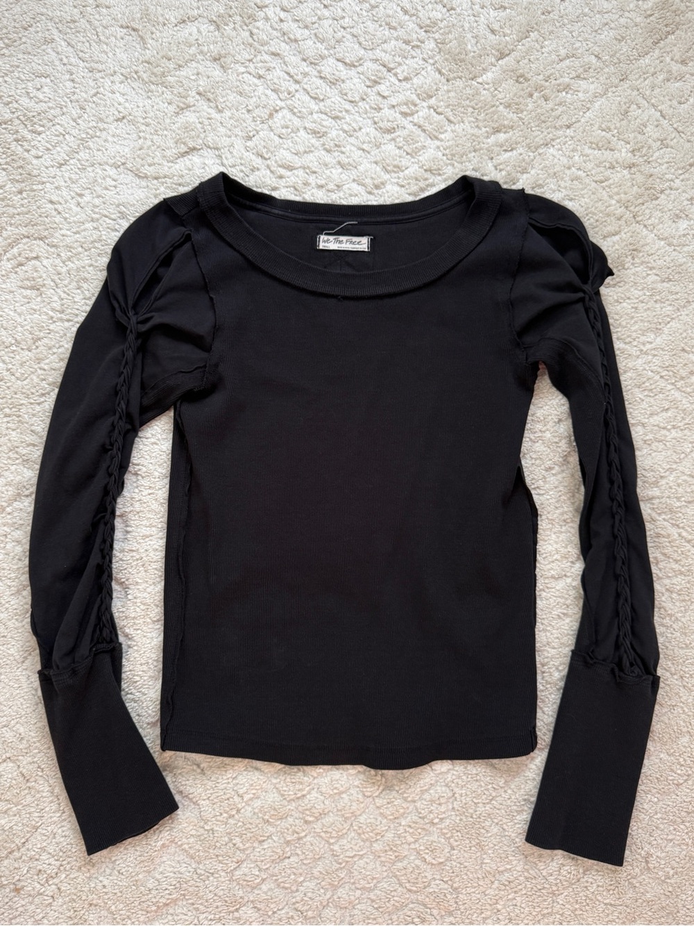 Free People Black Long Sleeve Braided Shirt, Small